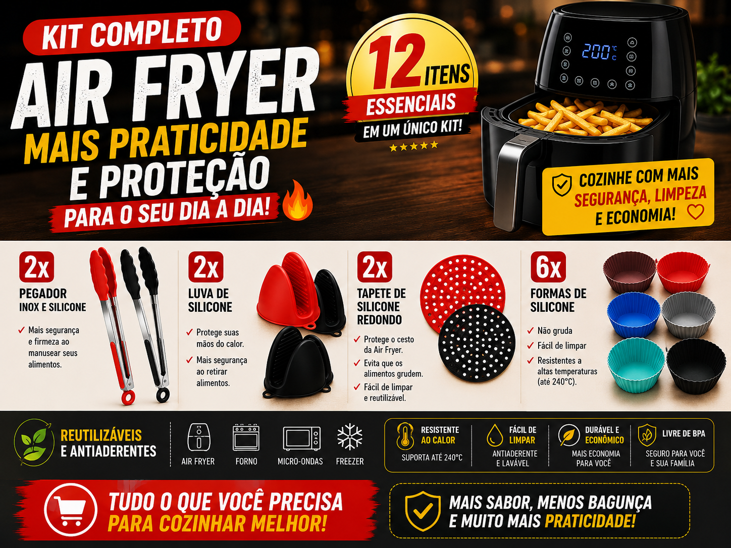 Kit 12 Peças Silicone para Air Fryer – 2 Pegadores Inox + 2 Luvas + 2 Tapetes + 6 Formas