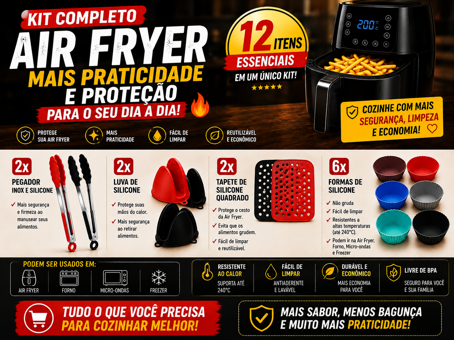 Kit 12 Peças Silicone para Air Fryer – 2 Pegadores Inox + 2 Luvas + 2 Tapetes + 6 Formas